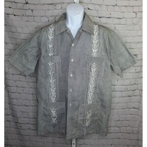 VTG Haband Guayabera Button up Shirt Men's Large Black Embroidered Cuban Wedding